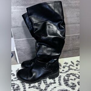 Women's Black waterproof Moto Knee-High Buckle Boots wide calf